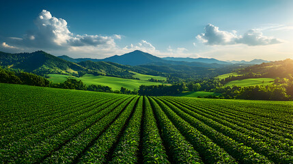A serene organic farming field with neatly arranged crop cultivation rows under a crystal-clear sky, epitomizing eco-friendly agriculture practices