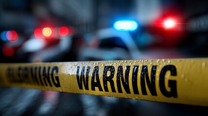 Close-Up of Police Tape with Flashing Lights in Background Representing Crime Scene and Law Enforcement Activity