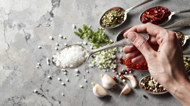 Variety of Spices and Herbs on Spoons with Garlic, Salt, and Pepper on Marble Background Showcasing Culinary Diversity