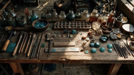 Vintage Workshop Table with Tools and Artisanal Supplies