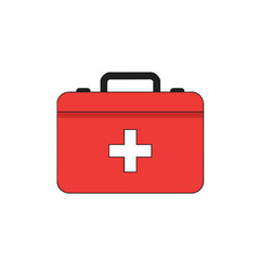 A simple cartoon illustration of a red first aid kit with a white cross symbol on a plain background.