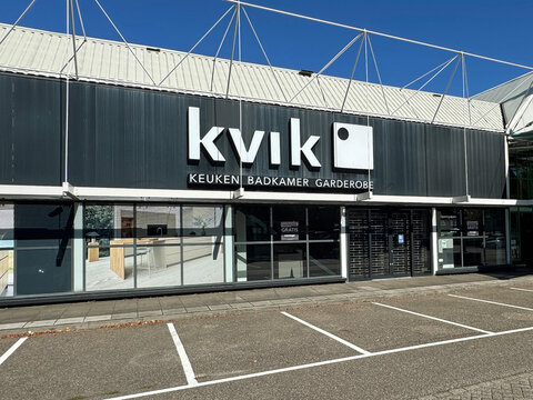 Almere, the Netherlands - August 19, 2025: Entrance of Kvik Danish kitchens store.