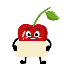 Cute Hand Drawn Cherry Holding White Blank Poster At The Front