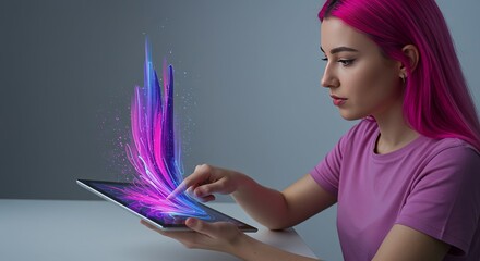 Graphic designer using a creative AI art generator on a digital tablet. The concept of human and artificial intelligence collaboration in the creation of digital art and illustrations.