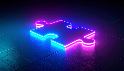 Futuristic neon puzzle piece glowing in blue and pink lights on dark reflective floor. Perfect for technology, innovation, teamwork, and creative problem-solving design concepts.