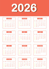 Monthly calendar layout for  Year 2026 . Diary planner for Year 2026 . Week Starts on Sunday.  