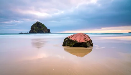 Keuken achterwand Reflectie Tranquil beach scene at dawn, showcasing a large rock reflected in the calm water, and a solitary, dramatic volcanic rock rising above the horizon.  © Isda