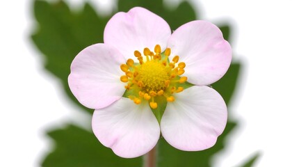 Close-up of a delicate, pastel-pink and white strawberry flower, featuring a vibrant yellow center, against a backdrop of soft green leaves and a plain white background.