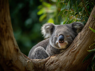 Fototapeta premium Koala resting peacefully on a tree branch, surrounded by lush green leaves, showcasing its adorable features and tranquil demeanor in a natural habitat setting