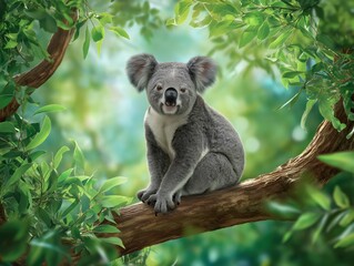 Obraz premium Adorable koala sitting on a tree branch surrounded by lush green foliage, showcasing its unique features and natural habitat in a serene environment