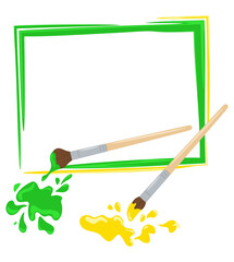 Funny watercolor and paintbrush traces frame with paint puddles and splashes. Rectangular empty frame copy space. Artistic gouache strokes in green and yellow. School, children's development, drawing