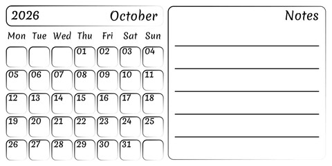 Visual calendar for the autumn month of October 2026 place for copying. Vector, convenient template of an isolated monthly calendar in a flat style. The ability to add reminders, notes, plans, habits
