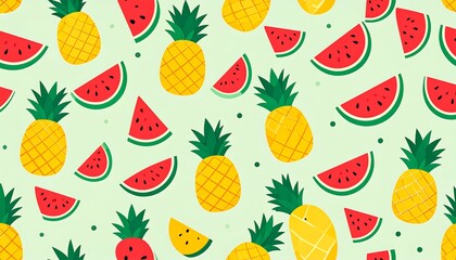 A repeating pattern of pineapples and watermelon slices on a light green background. Bright, cheerful design
