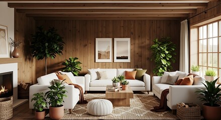 A cozy and inviting living room with a modern rustic design, featuring comfortable sofas, wooden accents, indoor plants, and warm lighting, creating a relaxing and stylish home interior