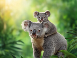 Koala mother carrying her baby on back, surrounded by lush green foliage, showcasing the bond between parent and offspring in a natural habitat