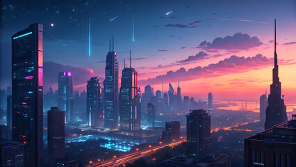 Futuristic cityscape at dusk with neon lights and a dramatic sunset sky