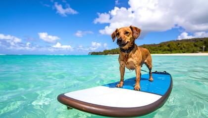 A cheerful dog enjoys a sunny day on a stand-up paddleboard in a tropical paradise.