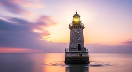 Stately Lighthouse Illuminates Calm Waters Under a Colorful Sunset Sky