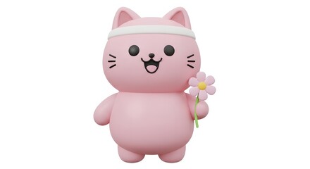 Fototapeta premium Cheerful 3D Pink Cat Character Holding a Cute Pink Flower with a Headband on White Background