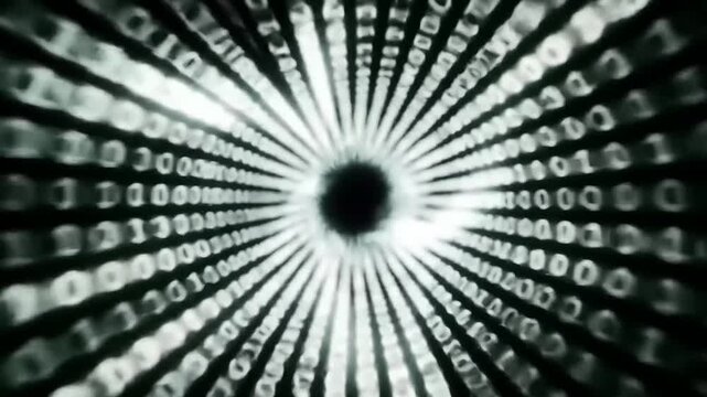 Abstract representation of binary code spiraling into a vortex, symbolizing digital data flow and technology