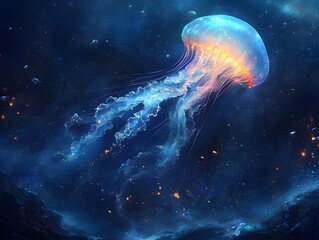 Glowing jellyfish drifting in the bioluminescent deep sea