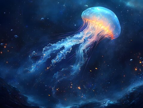 Glowing jellyfish drifting in the bioluminescent deep sea