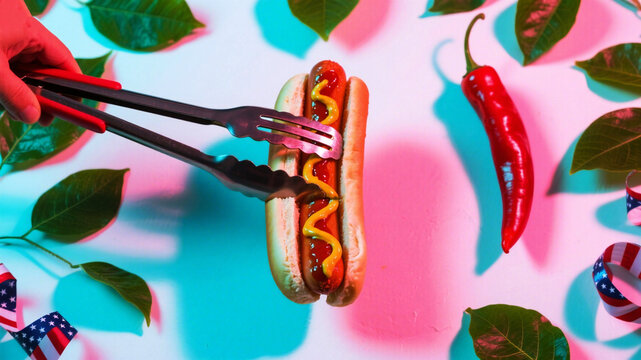 Delicious hot dog with mustard being held by tongs, a red chili pepper, and patriotic decor with vibrant color palette - Powered by Adobe