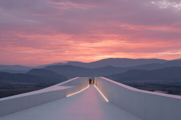stunning staircase with holographic emergency exit route glows brilliantly against breathtaking sunset