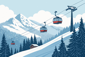 Snowy mountain ski resort with cable cars in motion.