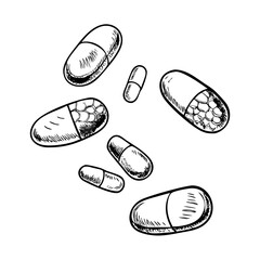 Hand-drawn vector illustration of floating pills and capsules – stock vector icon in line style
