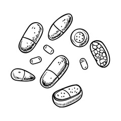 Hand-drawn vector illustration of floating pills and capsules – stock vector icon in line style