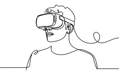 Person wearing VR headset in continuous line style symbolizing virtual reality, immersive tech, gaming, and digital innovation