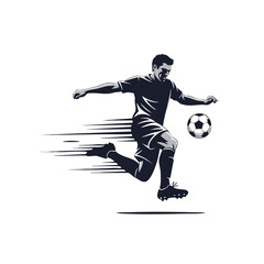 A stylized illustration of a soccer player kicking a soccer ball with motion blur on a black background