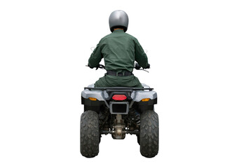 Male rider on all-terrain vehicle from rear view wearing helmet and green outfit