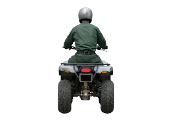 Male rider on all-terrain vehicle from rear view wearing helmet and green outfit