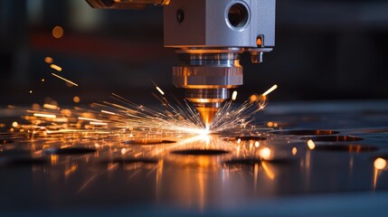 Advanced fiber laser cutting steel sheet, sparks flying against dark background, emphasizing innovation, machinery, and precision work