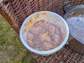 Metal cooking pot containing prepared meat dish photographed from above showing homestyle meal preparation process. High quality photograph