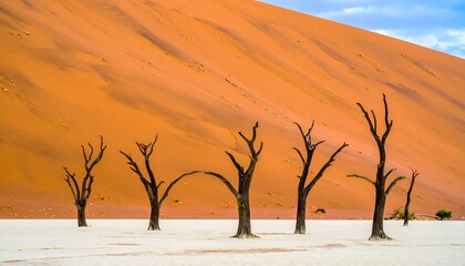A captivating landscape featuring a cluster of bare, gnarled trees silhouetted against a vibrant orange-red sand dune.