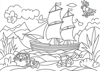 Pirate adventure on the high seas coloring book illustration, featuring a pirate ship sailing through the waves, a happy parrot sitting on a pirate’s shoulder, and a treasure chest, 