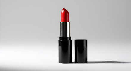 Obraz premium Red lipstick in sleek black tube displayed with cap off on neutral background