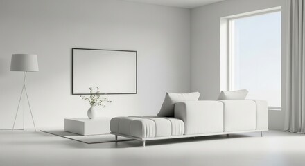 Minimalist all-white living room with modern sofa, floor lamp, and framed artwork