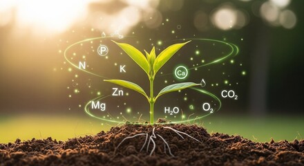Sunlit plants accompanied by digital icons representing mineral nutrients. Highlighting fertilization and the essential function of nutrients in plant development