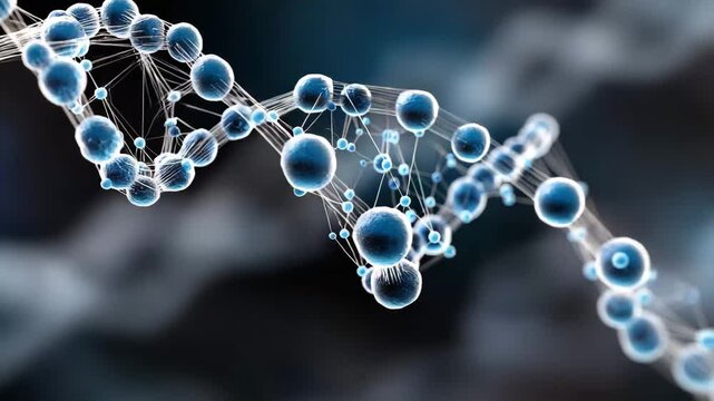 A strand of blue spheres connected by a network of lines. Futuristic conceptual DNA strand merging with neural network in gut, enteric nervous system, clean sci-tech blue white background