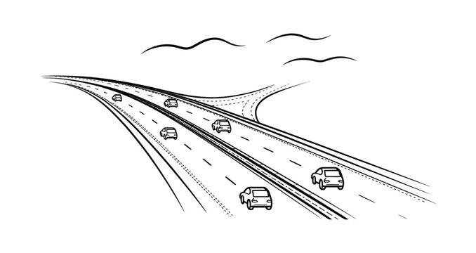 Highway illustration in stylized line art showing cars in motion symbolizing transportation, infrastructure, travel, and mobility
