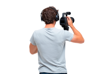 Caucasian male filmmaker operating camera equipment with headphones in studio
