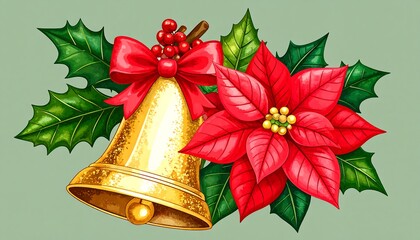 A festive illustration features a golden bell, a vibrant poinsettia, and holly sprigs, creating a cheerful and decorative winter scene.