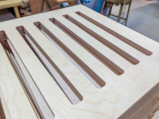 Wooden slat panel construction demonstrating precise spacing and alignment in professional carpentry work for interior design applications. High quality photograph