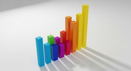 A vibrant, ascending bar graph rendered in 3D, showcasing a spectrum of colors from blue to yellow, casts a subtle shadow on a bright white background, illustrating growth or progress