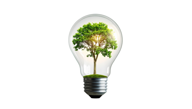  Floating Miniature Tree Inside Lightbulb on Plain isolated on transparent background