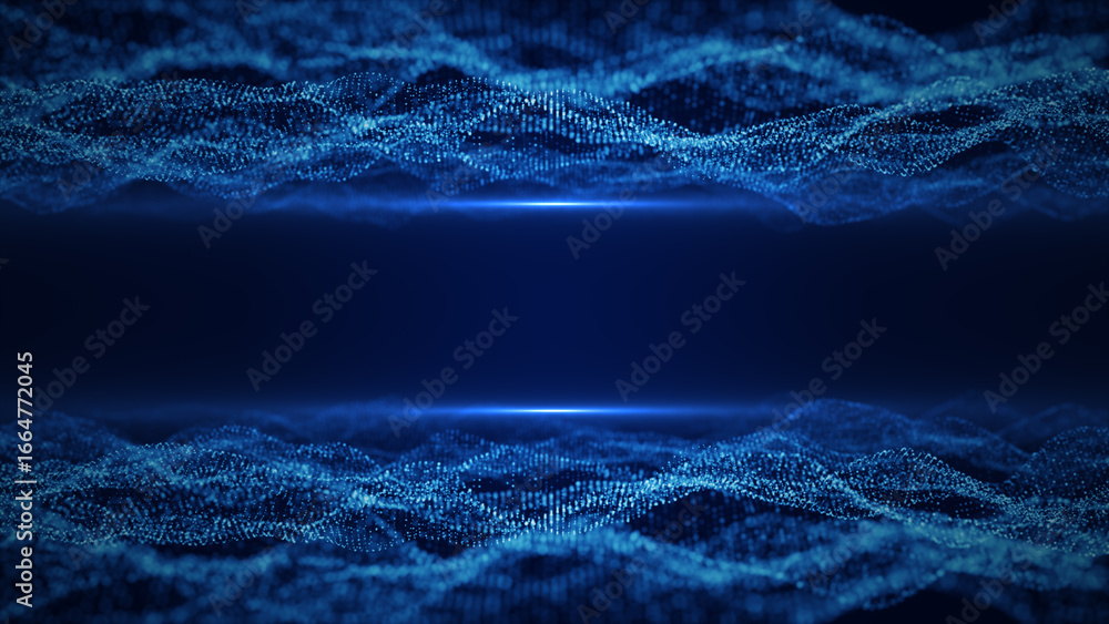 Aufkleber futuristic blue digital wave of particle data flow on dark background for technology or science conc